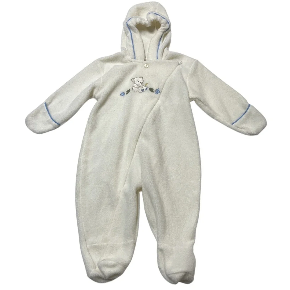 McBaby Fleece One‎ Piece Ivory Embroidered Teddy Bear Blue Trim Hooded Size 6-9M